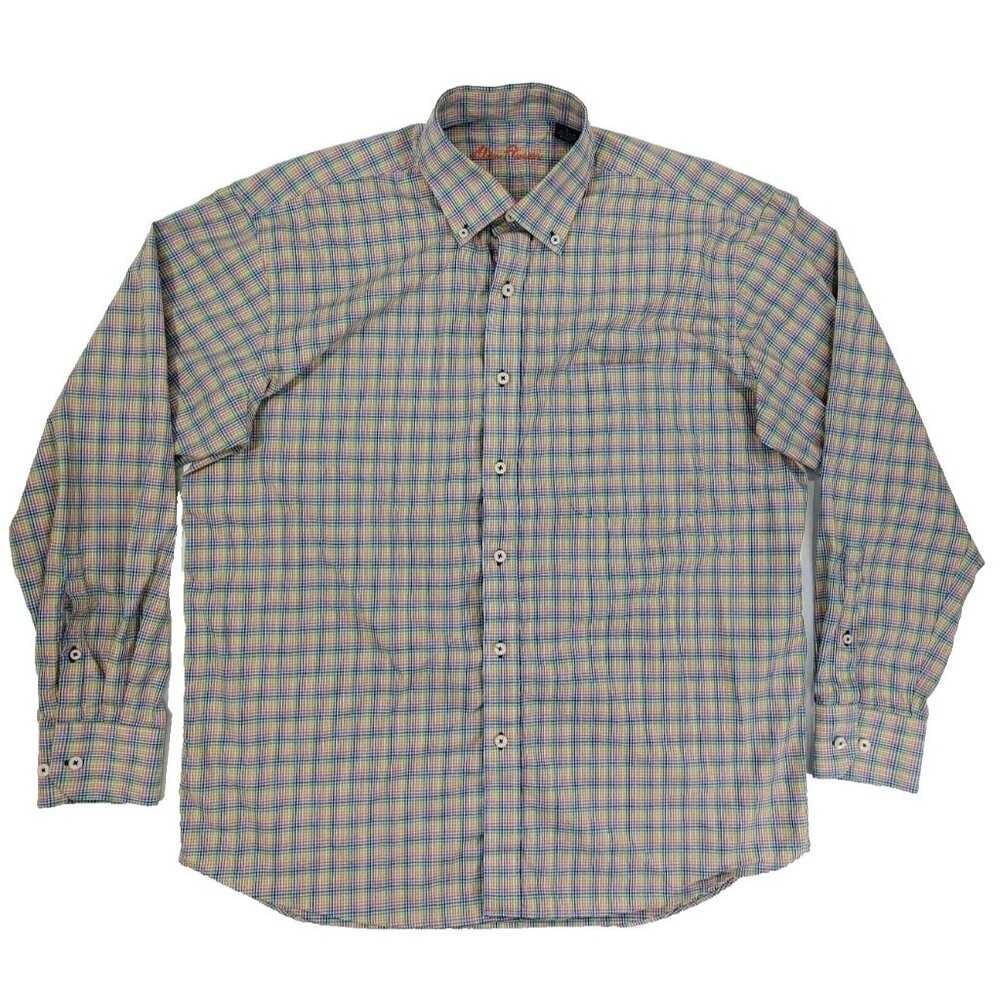 Alan Flusser Mens Collared Dress Shirt L Rainbow Plaid Long Sleeve Button Cuff